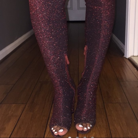 Public Desire Shoes - Sparkly red over the knee boots